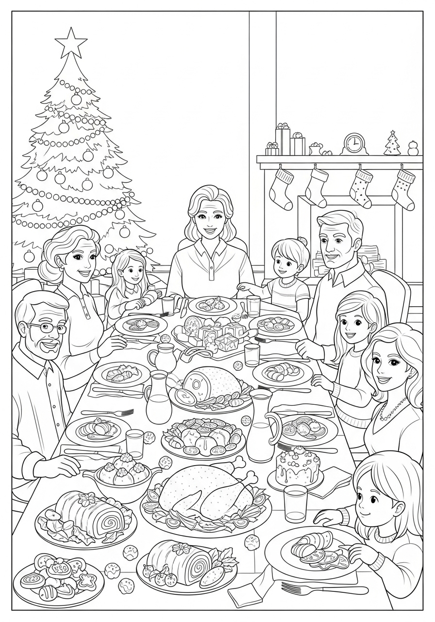 Desenho de Natal com uma ceia e família para colorir