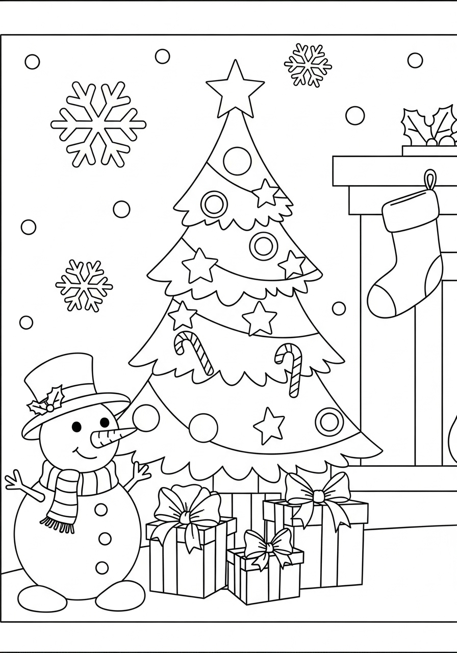 Desenho de Natal com boneco de neve para colorir
