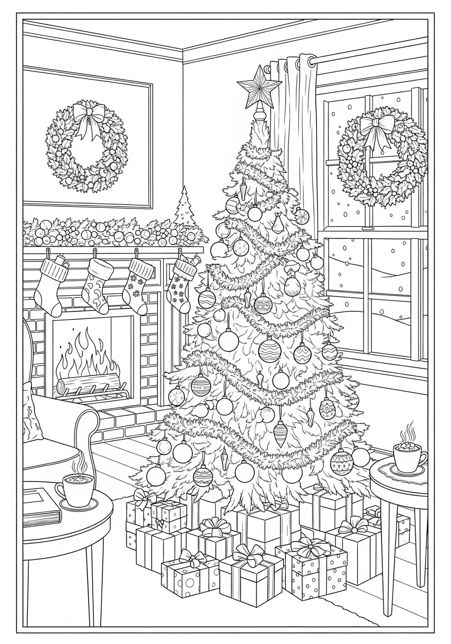 Desenho de Natal com árvore e decoração para colorir