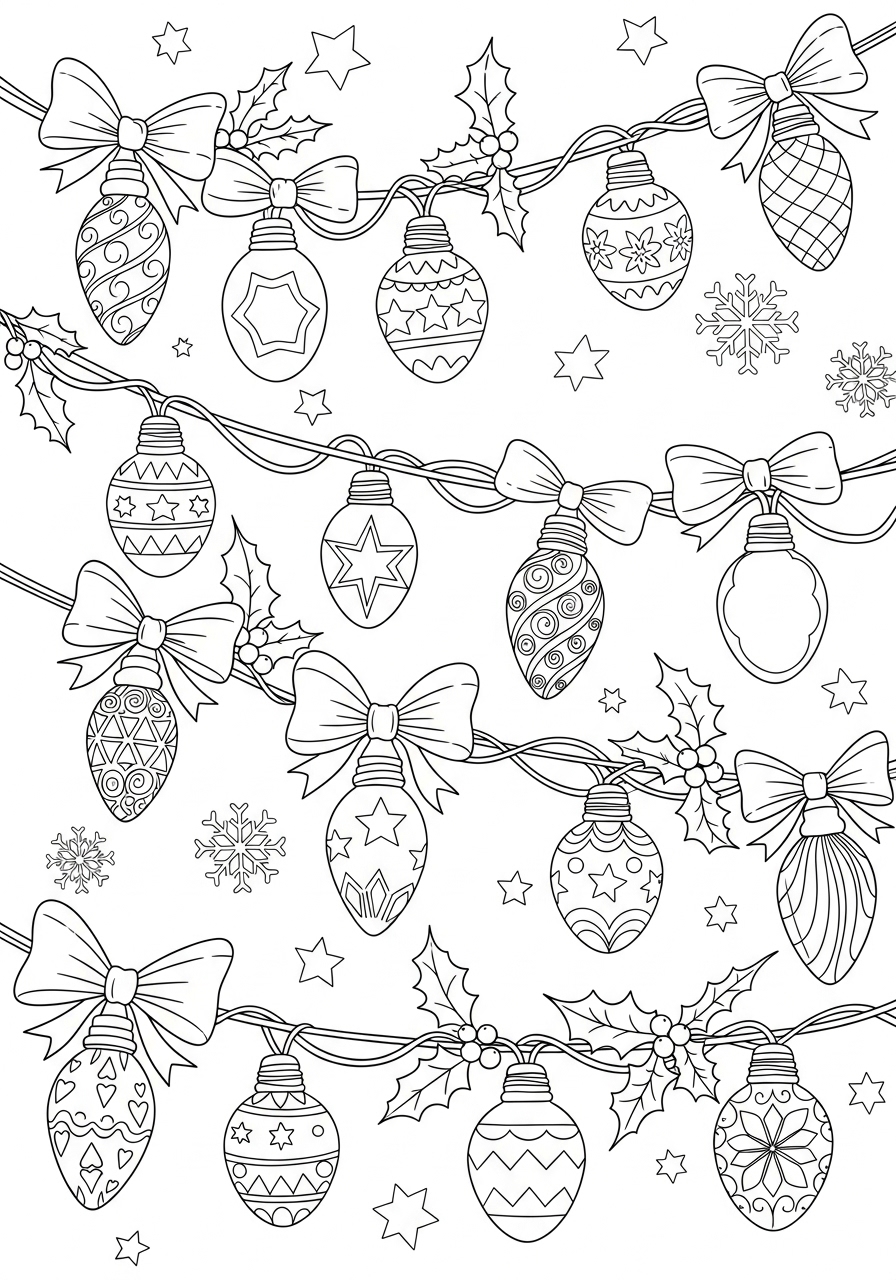 Desenho de Natal com enfeites e laços para colorir