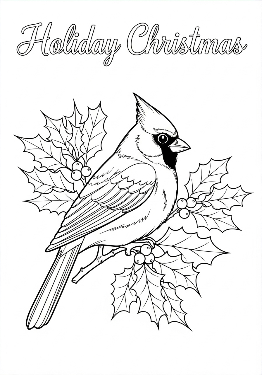 Desenho de Natal de passarinho em ramos de azevinho para colorir