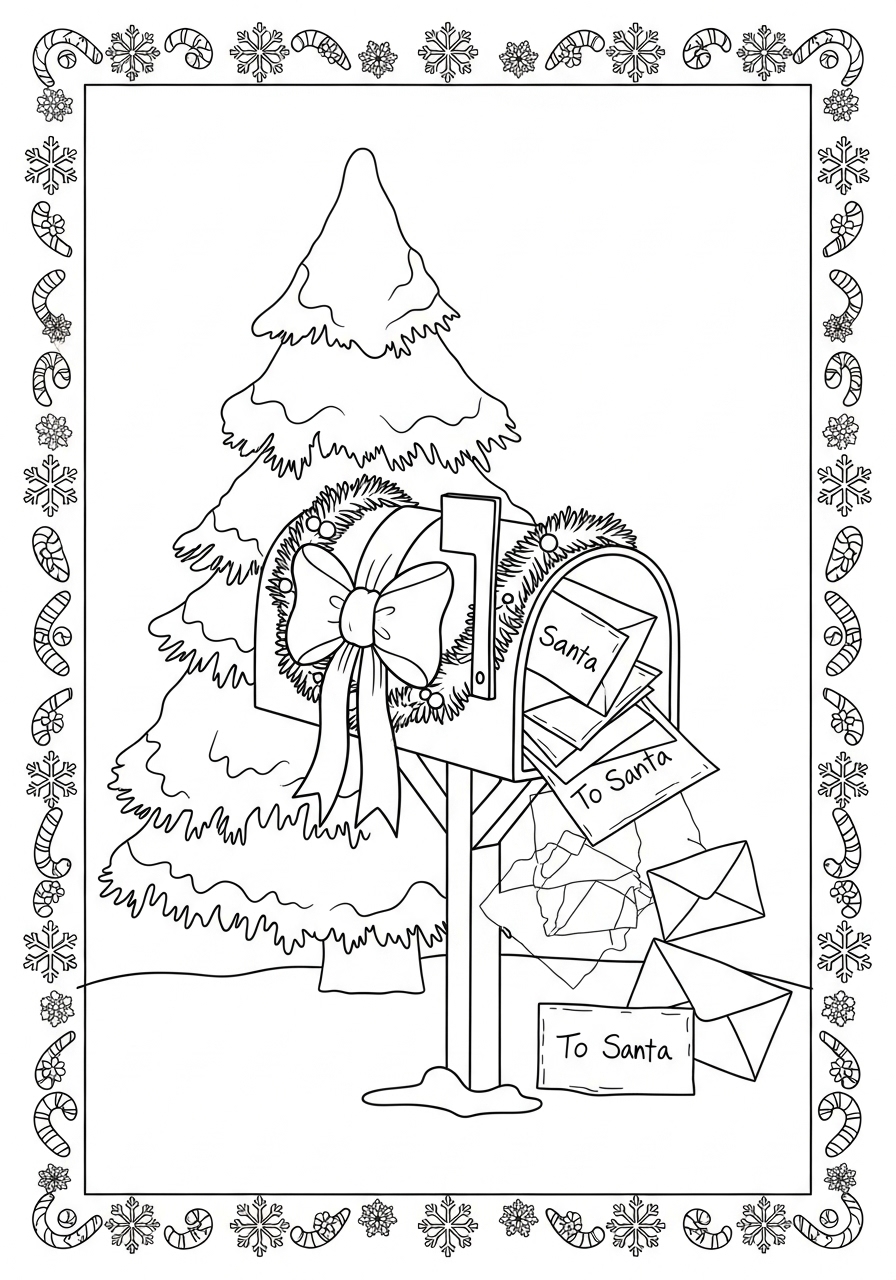 Desenho de Natal com caixa de correio e cartas para colorir
