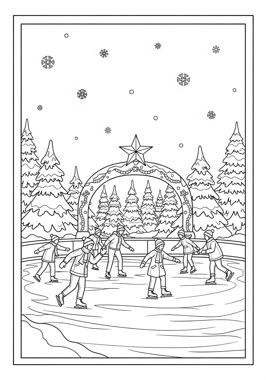 Desenho de Natal com pessoas patinando para colorir