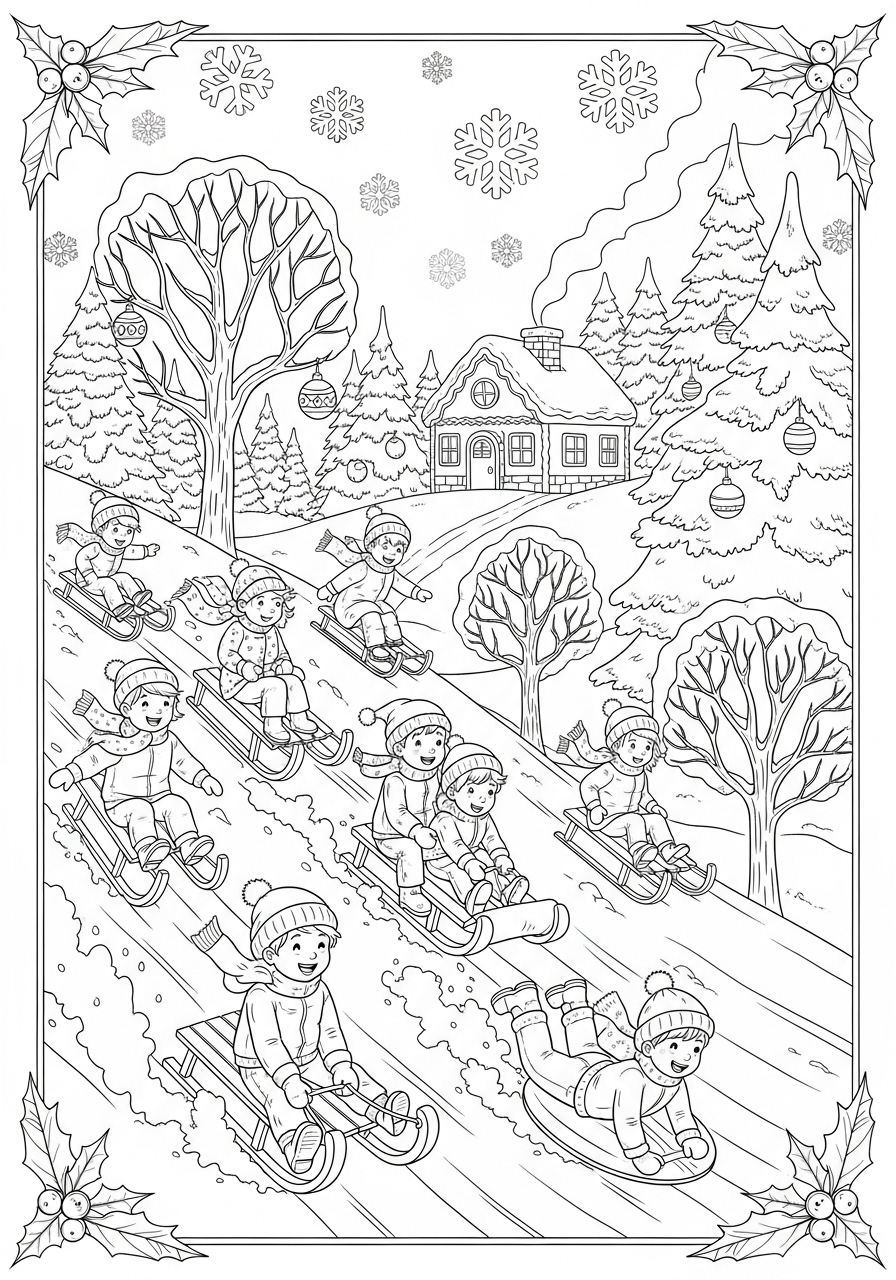 Desenho de Natal com crianças descendo a ladeira para colorir