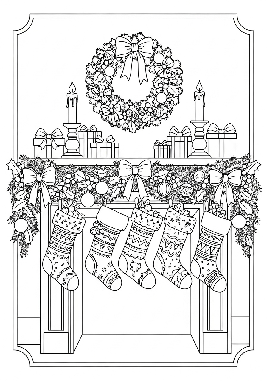 Desenho de Natal com meias penduradas para colorir