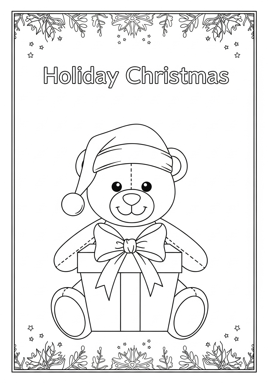 Desenho de Natal com ursinho e presente para colorir