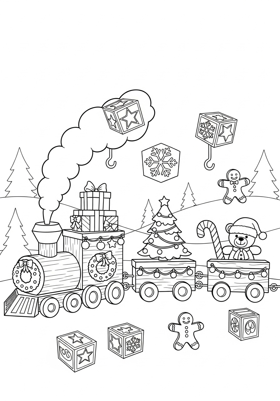 Desenho de Natal com comboio e presentes para colorir
