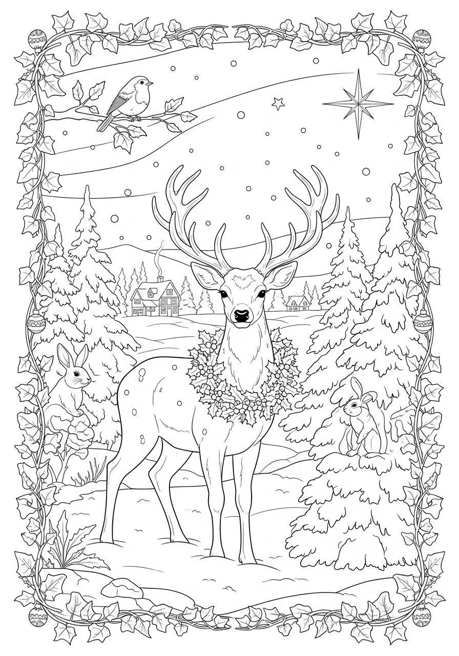 Desenho de Natal com cervo rodeado de árvores para colorir