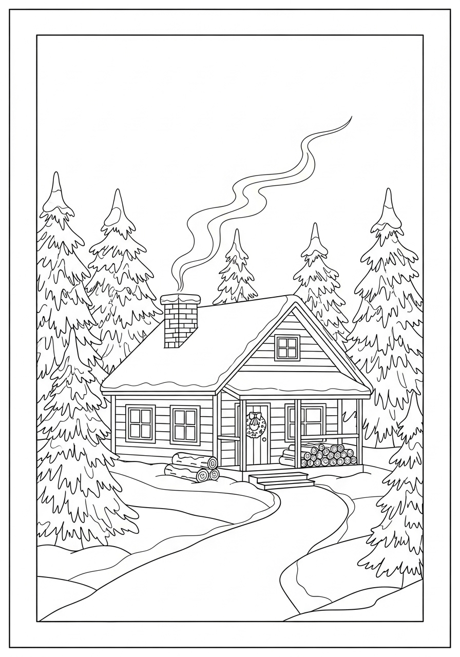 Desenho de Natal com Cabana e Árvore para colorir