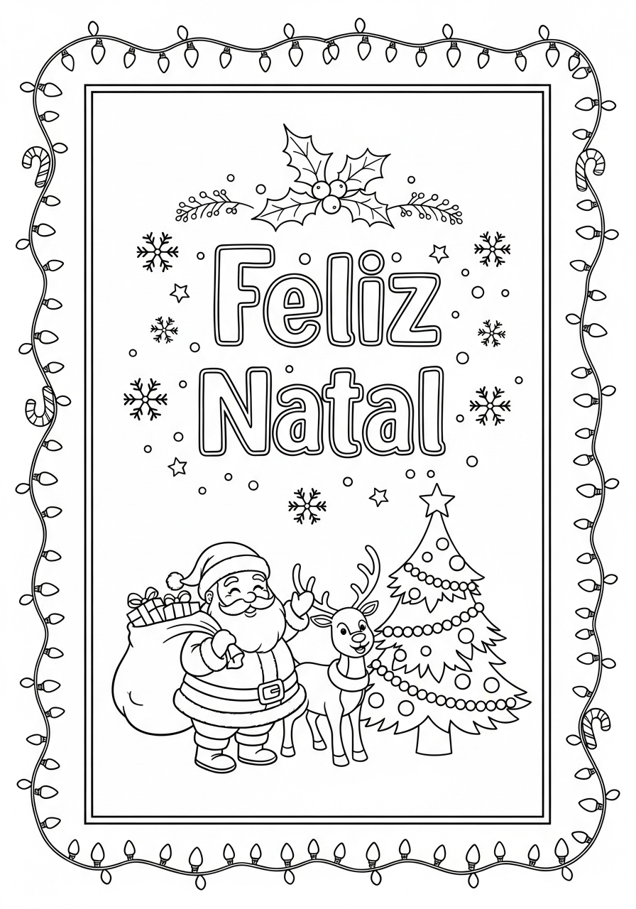 Desenho de Natal com PaPai Noel e rena para colorir