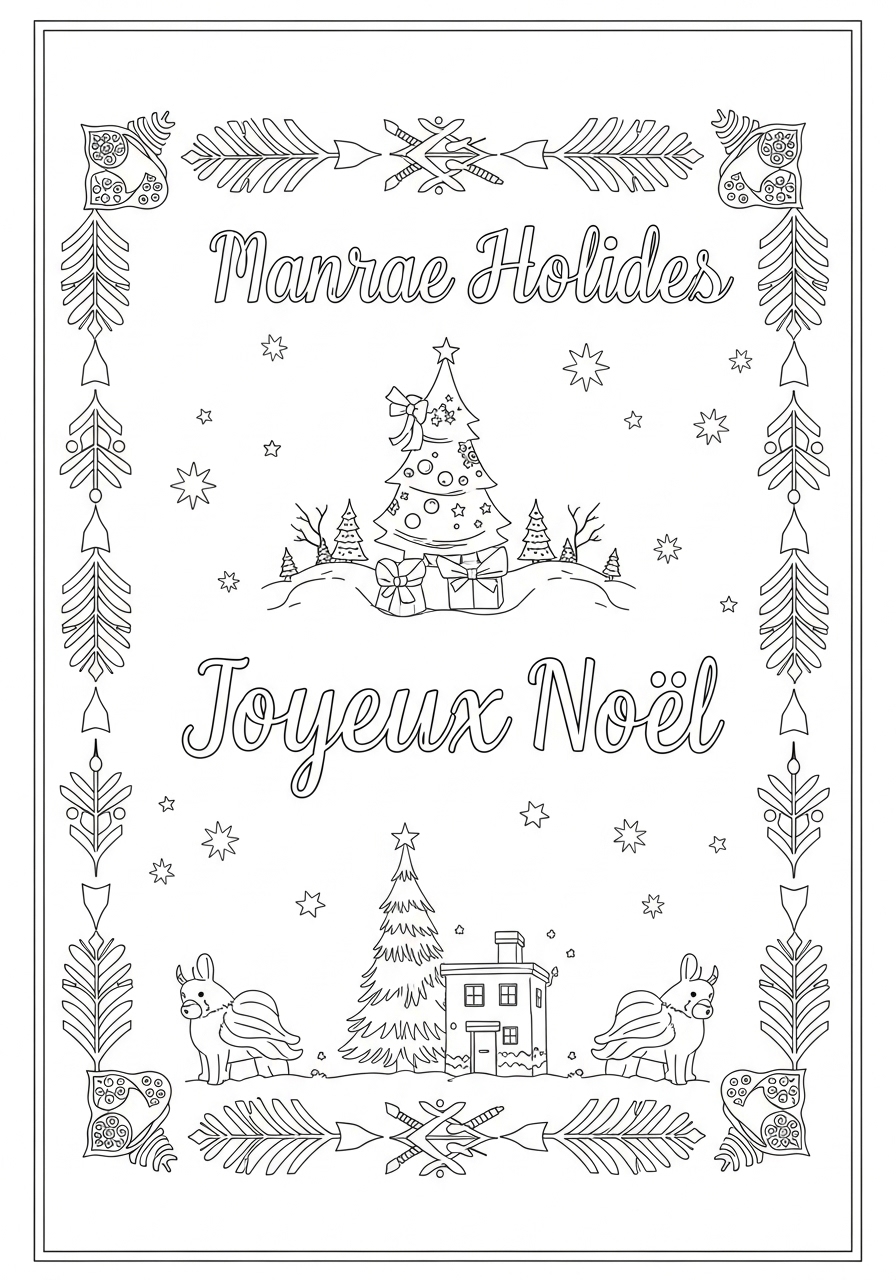 Desenho de Natal com árvore e presentes para colorir