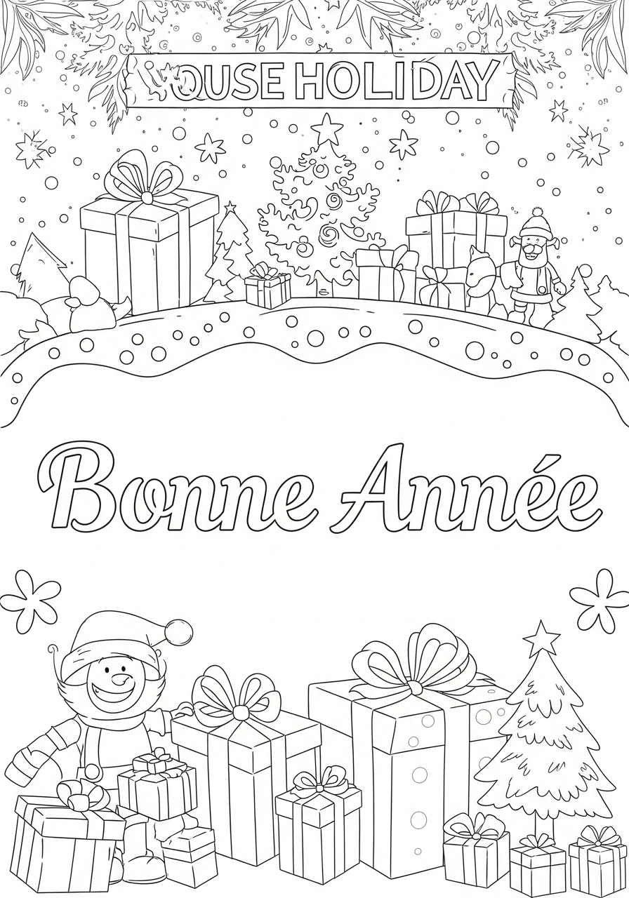 Desenho de Natal com presente e árvore para colorir