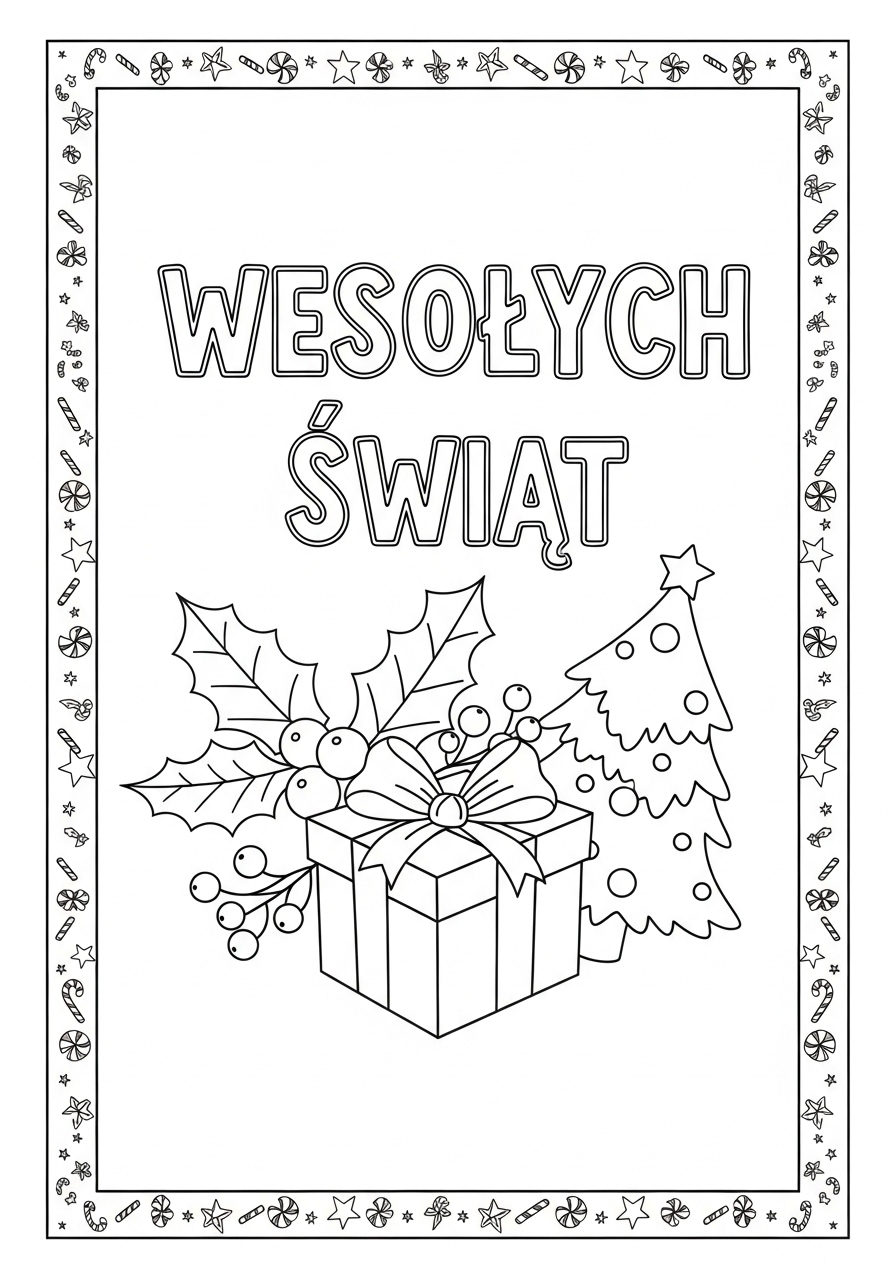 Desenho de Natal com Árvore Presente e Folhas para colorir