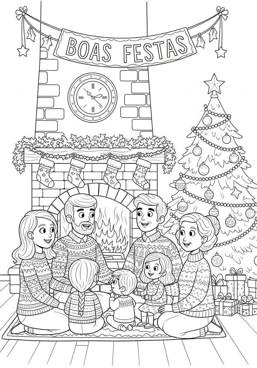 Desenho de Natal com Família reunida para colorir