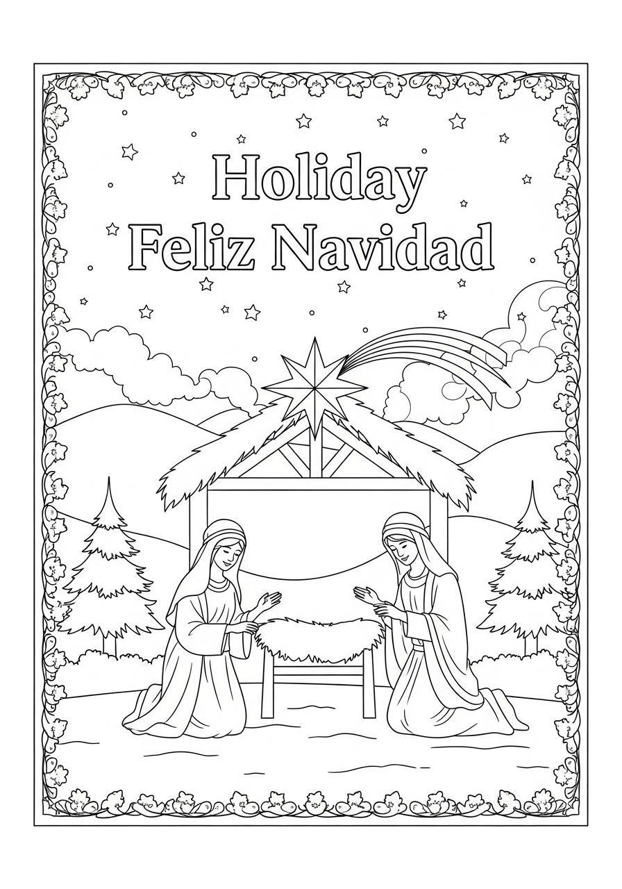 Desenho de Natal com a Grávida Maria e José para colorir
