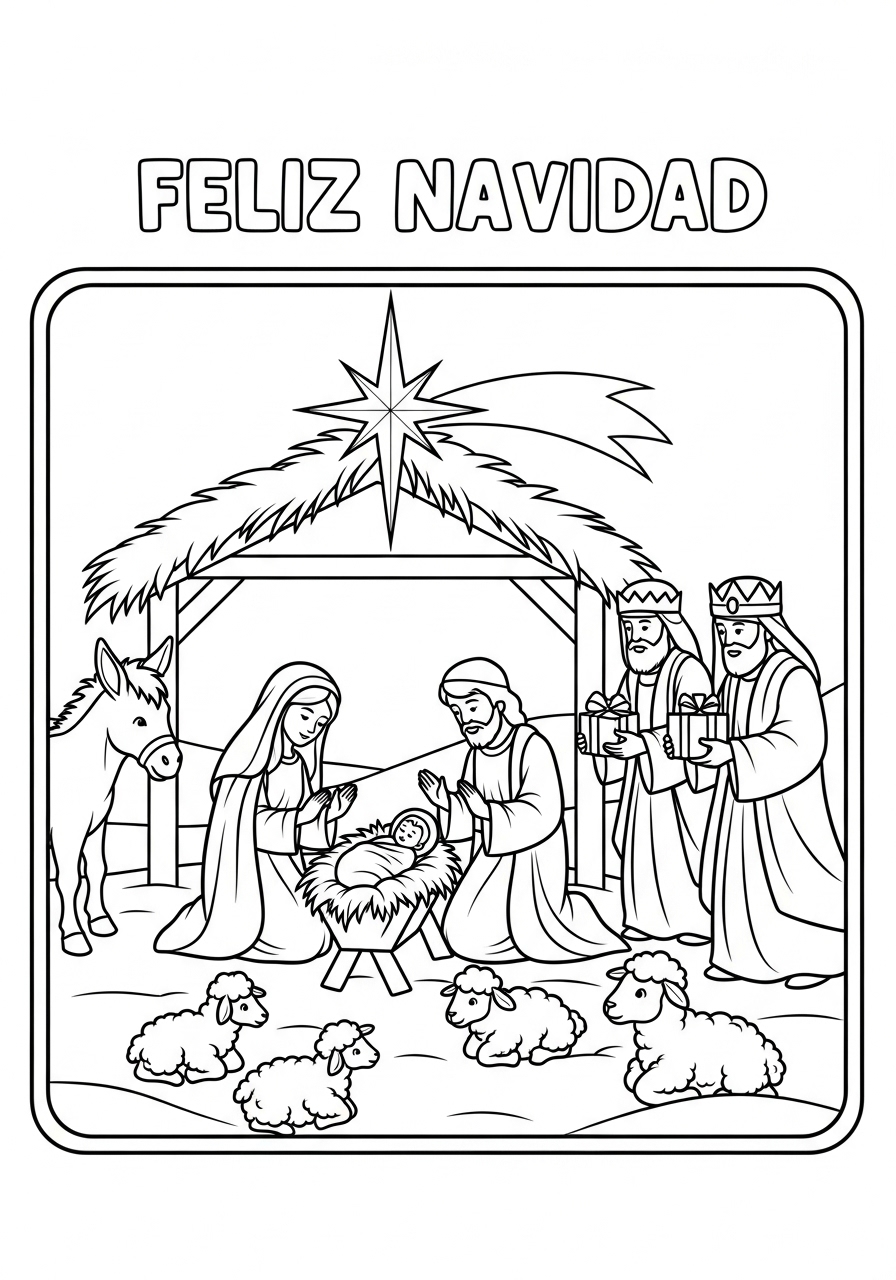 Desenho de Natal com nascimento de Jesus para colorir