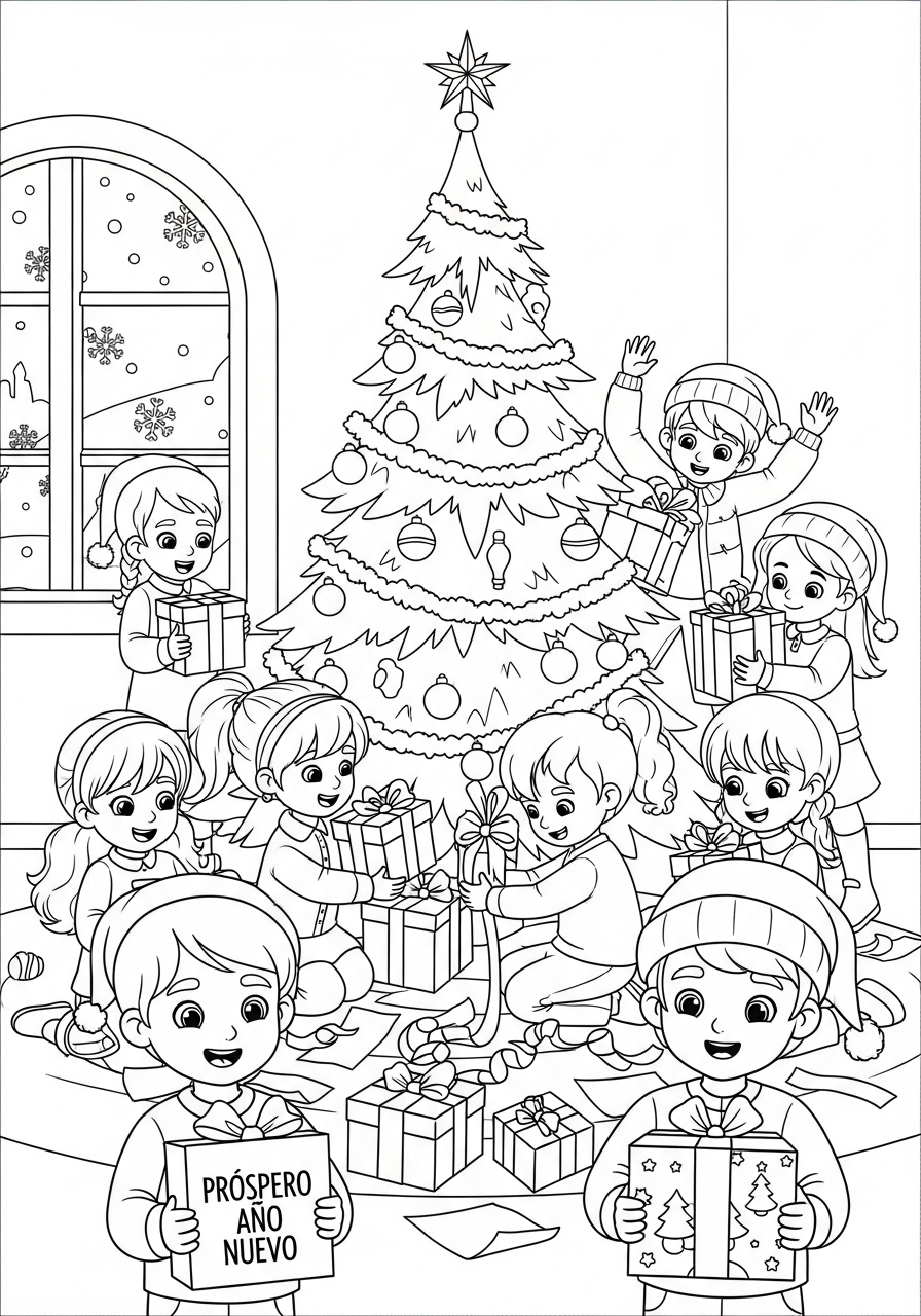 Desenho de Natal com crianças e árvore para colorir