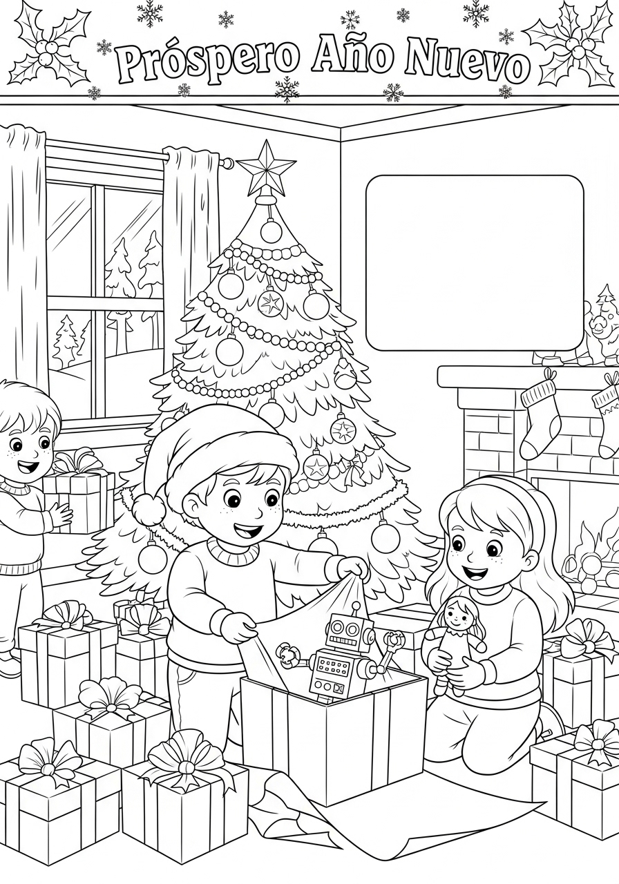 Desenho de Natal com crianças e árvore para colorir