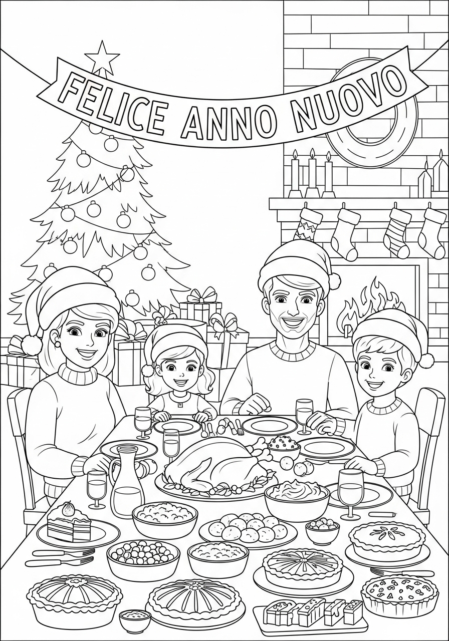 Desenho de Natal com família celebrando para colorir