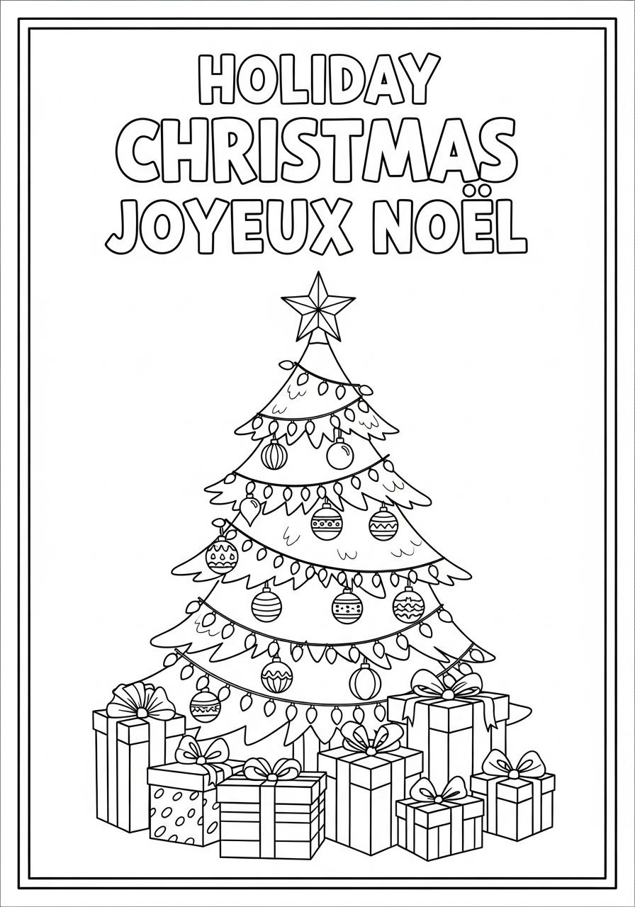 Desenho de Natal com árvore e presentes para colorir