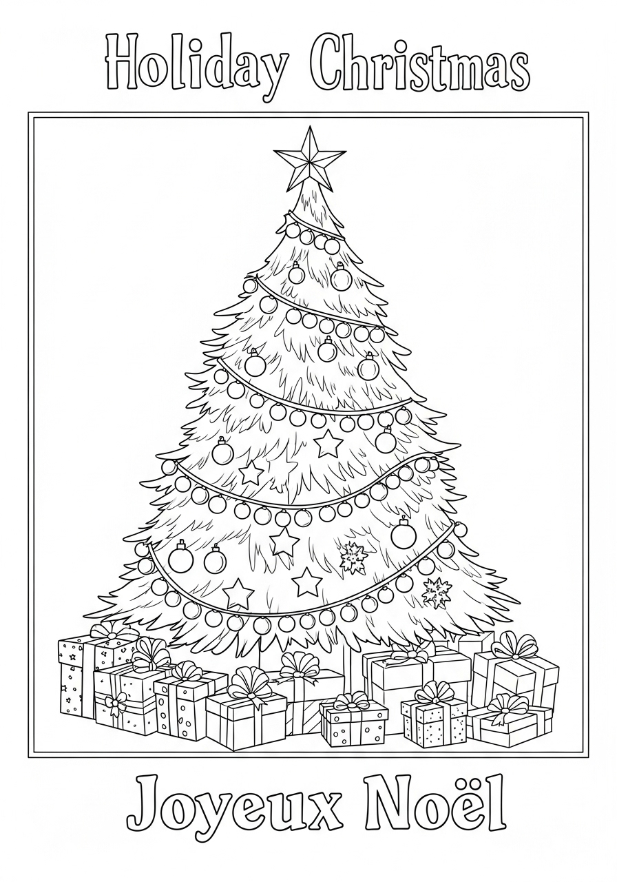 Desenho de Natal com árvore e presentes para colorir