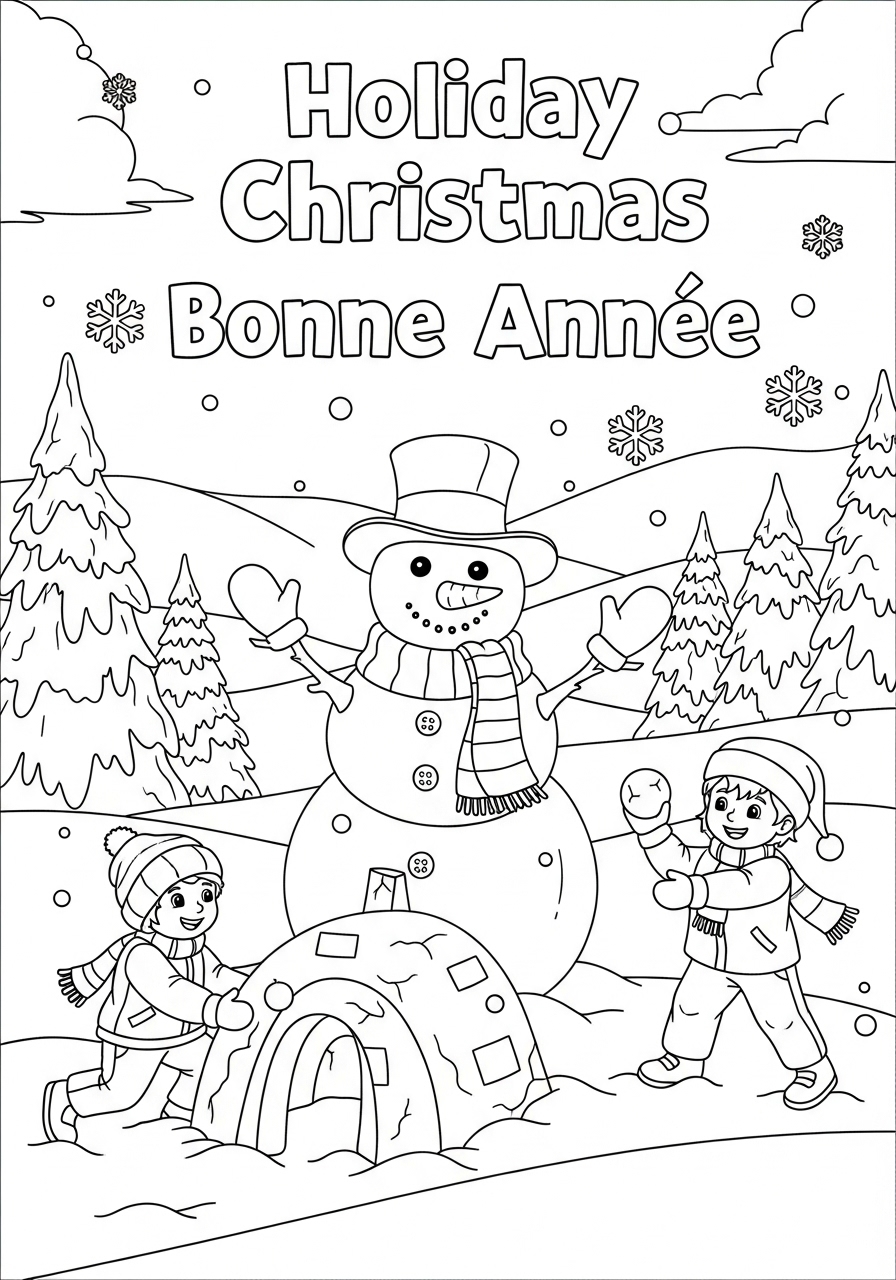 Desenho de Natal com boneco de neve e crianças para colorir