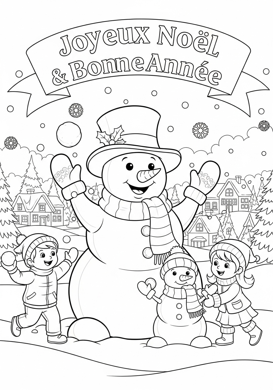 Desenho de Natal com boneco de neve para colorir