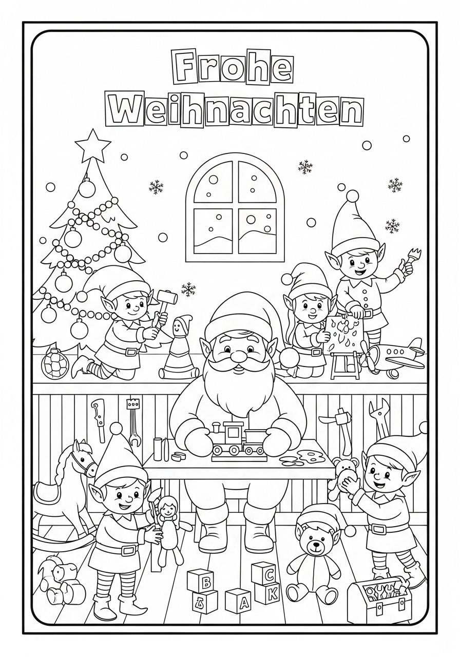 Desenho de Natal com Papai Noel e elfos para colorir