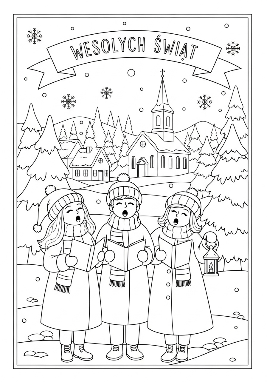 Desenho de Natal com cantores em um cenário de inverno