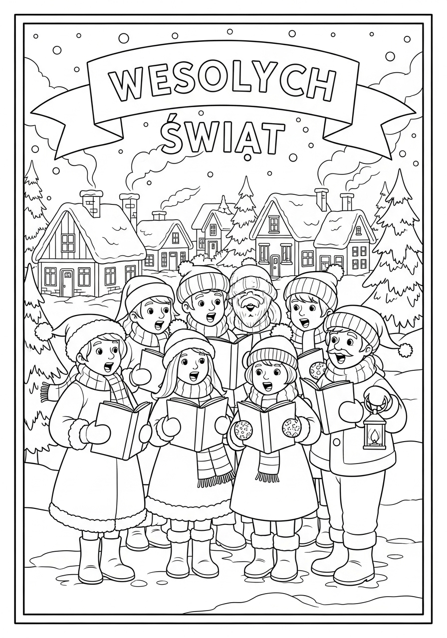 Desenho de Natal com Cantores em um Cenário Neve para colorir