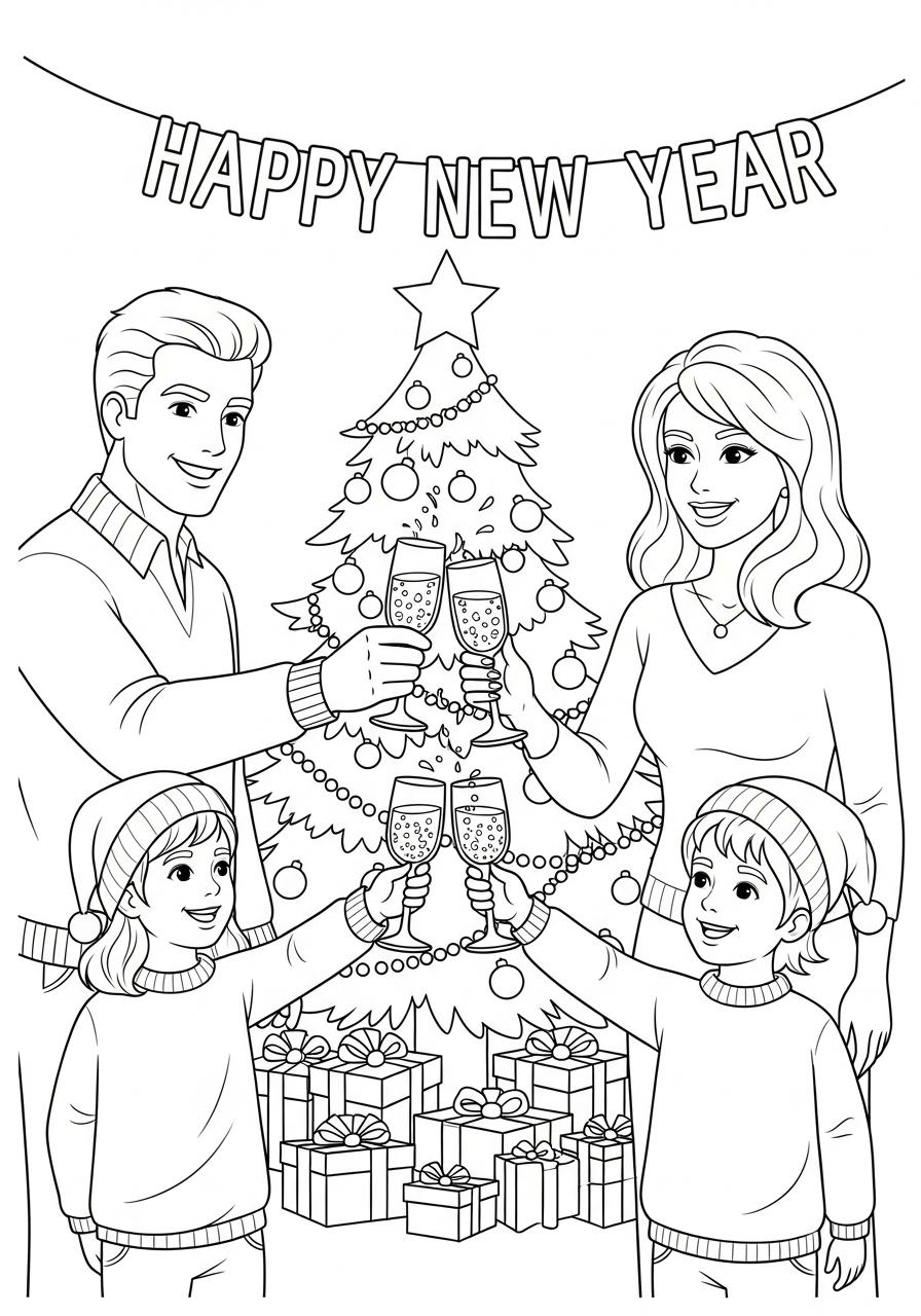 Desenho de Natal com família brindando ao lado da árvore