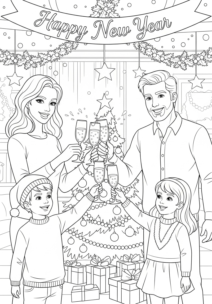 Desenho de Natal com Família brindando para colorir