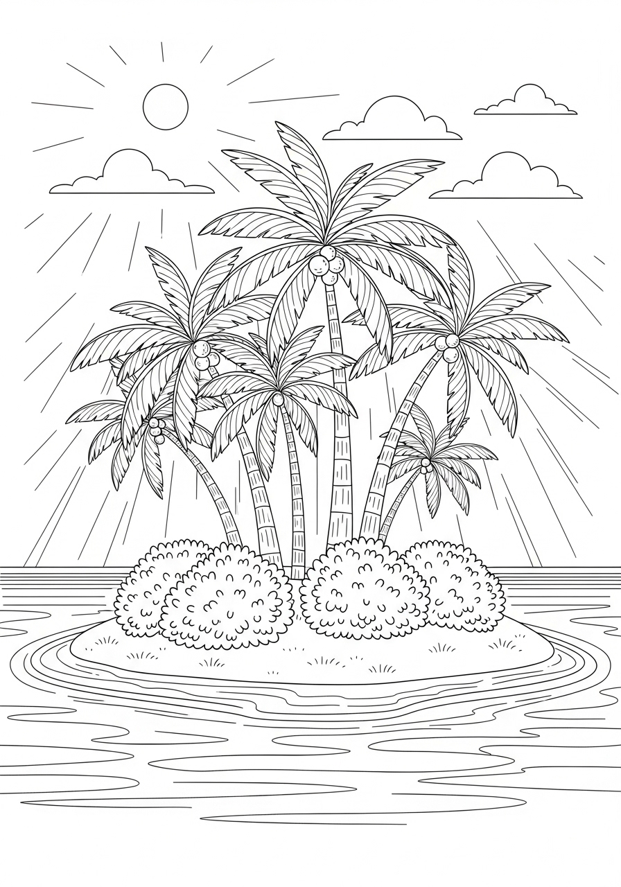 Desenho de uma ilha com palmeiras e céu para colorir