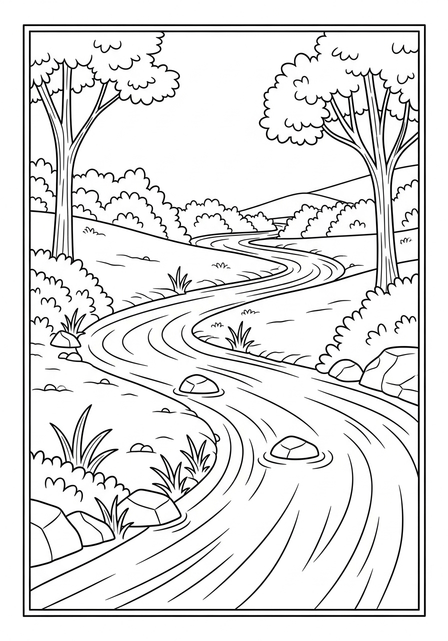 Desenho de um rio com árvores e pedras para colorir