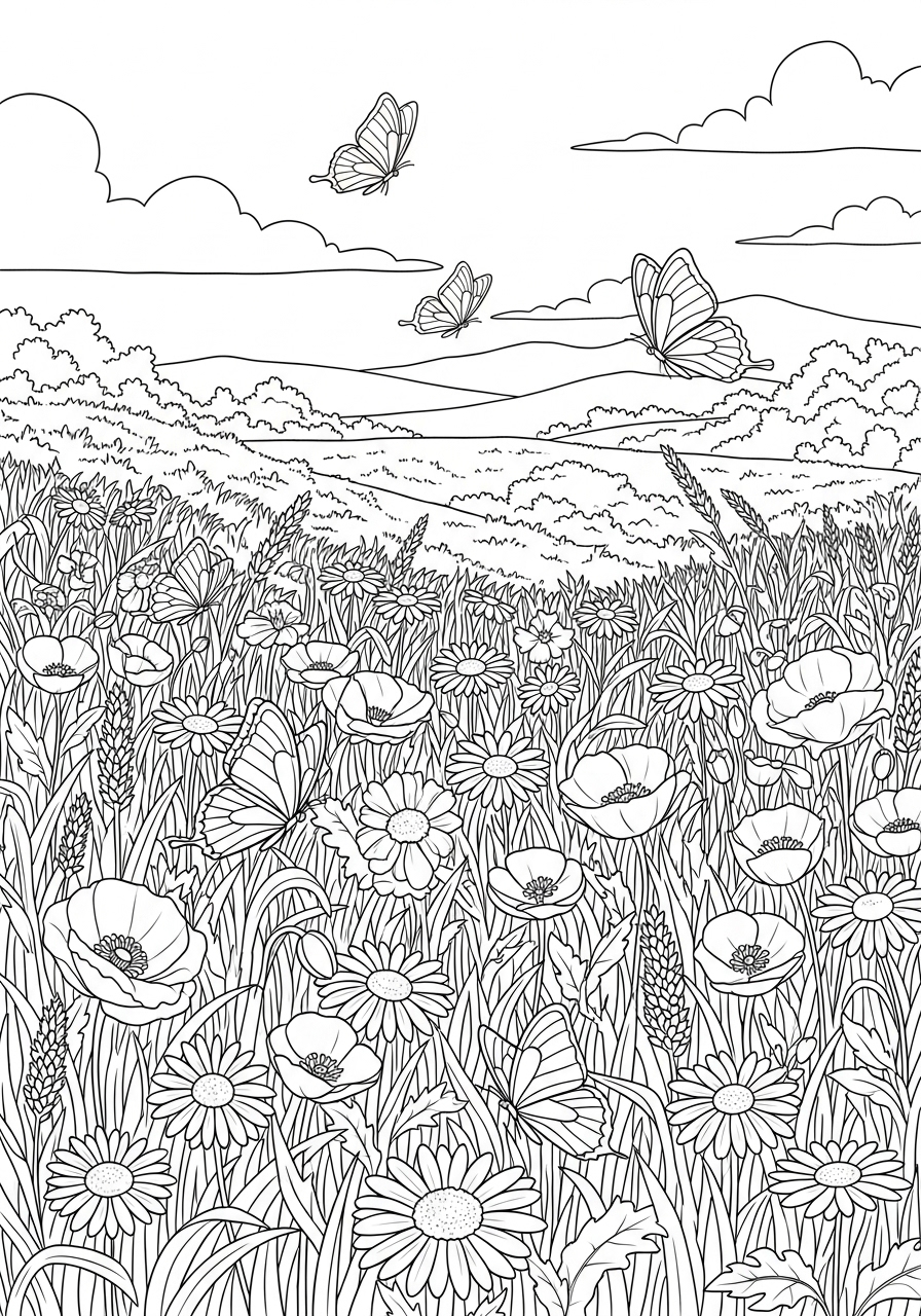 Desenho de flores e borboletas em um campo para colorir