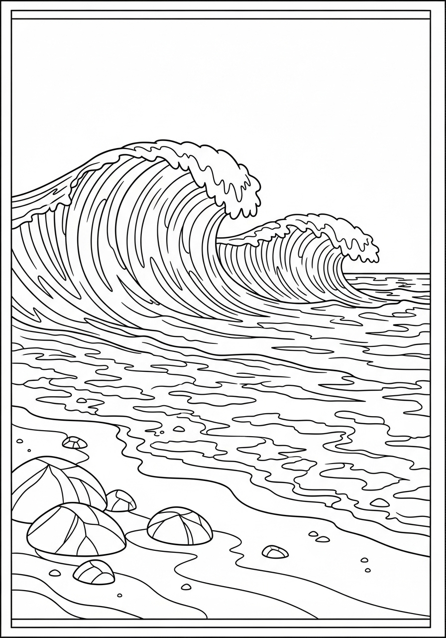 Desenho de ondas do mar com pedras para colorir