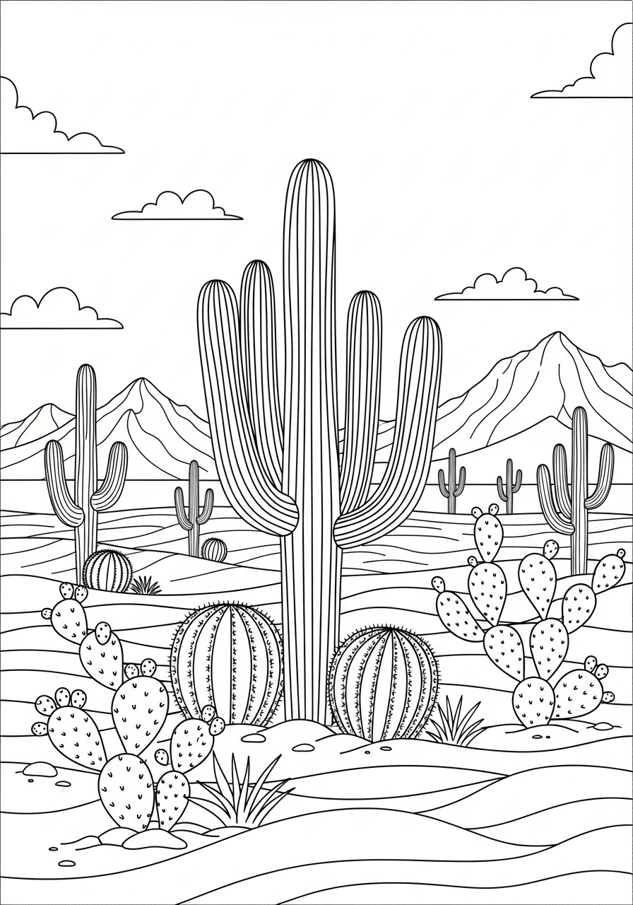 Desenho de cactos e montanhas para colorir