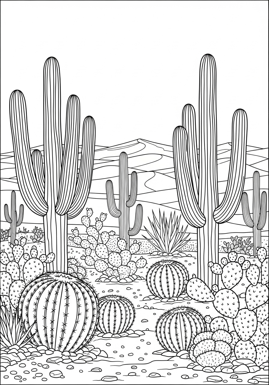 Desenho de um deserto com cactos variados para colorir