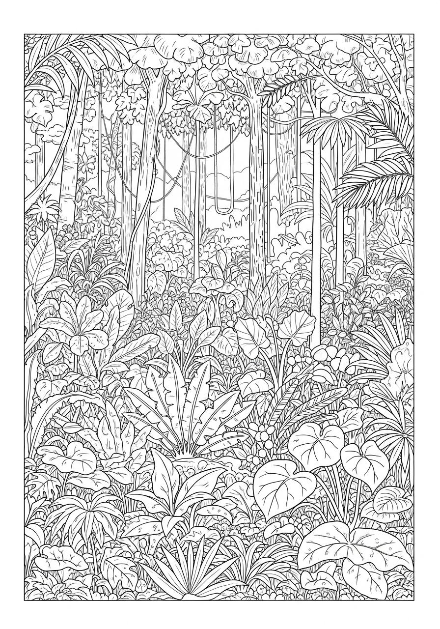Desenho da floresta com plantas e árvores para colorir