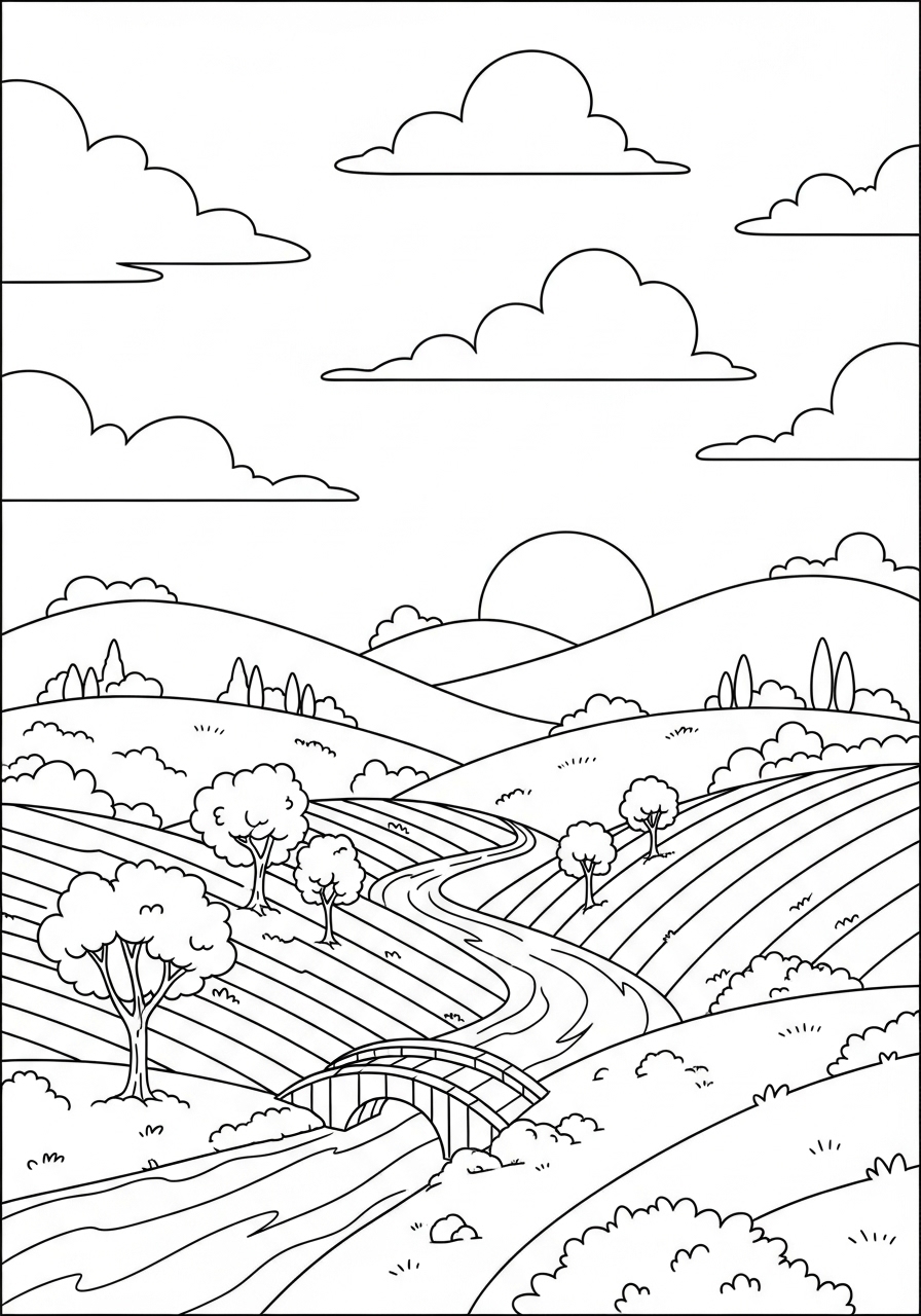Desenho da paisagem com ponte e árvores para colorir