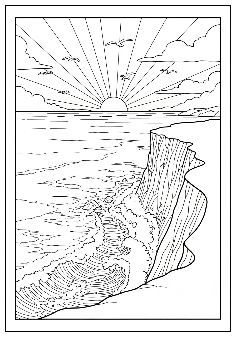 Desenho da Praia com Ondas e Sol para colorir