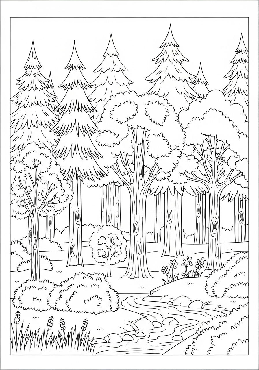 Desenho da Floresta com árvores e um riacho para colorir