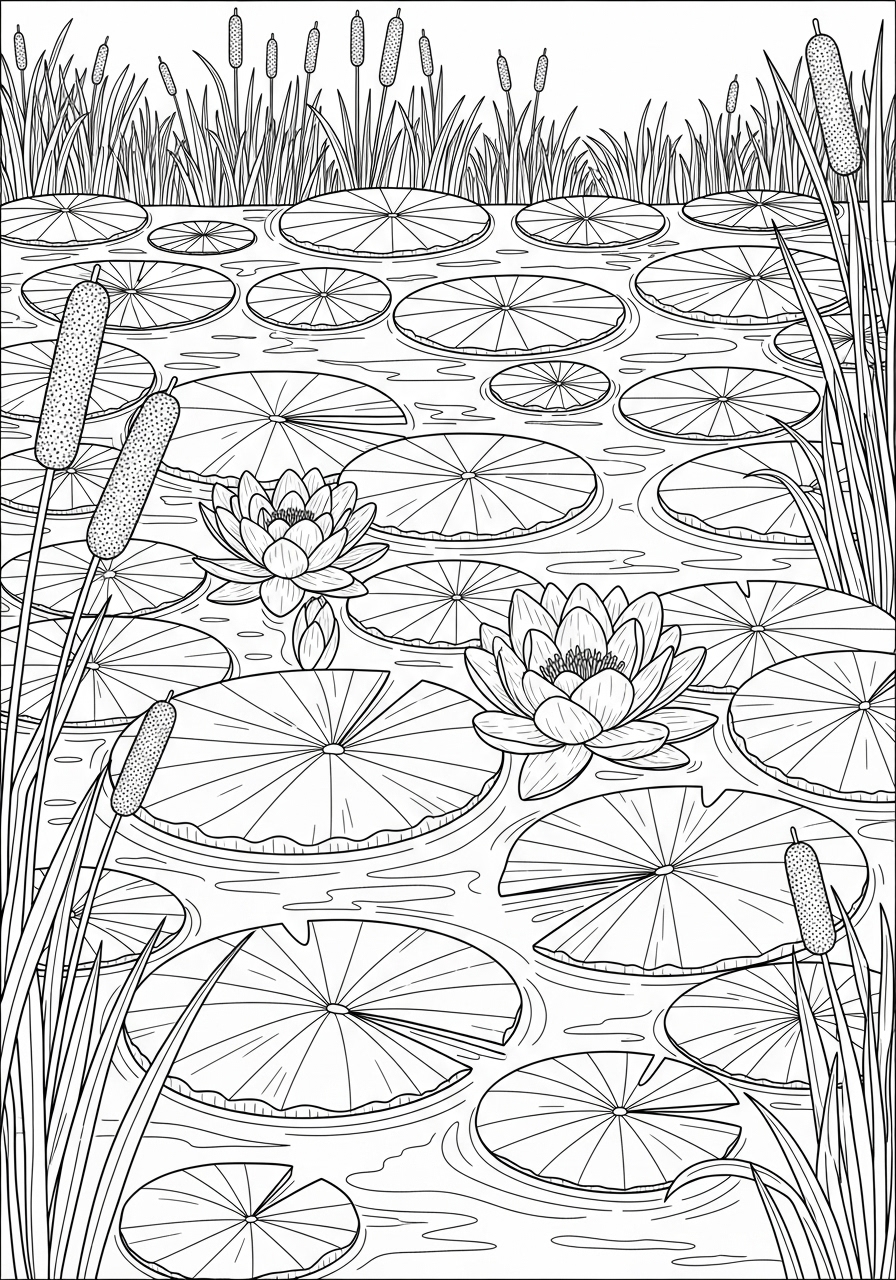 Desenho de Lago com Lírios e Juncos para colorir