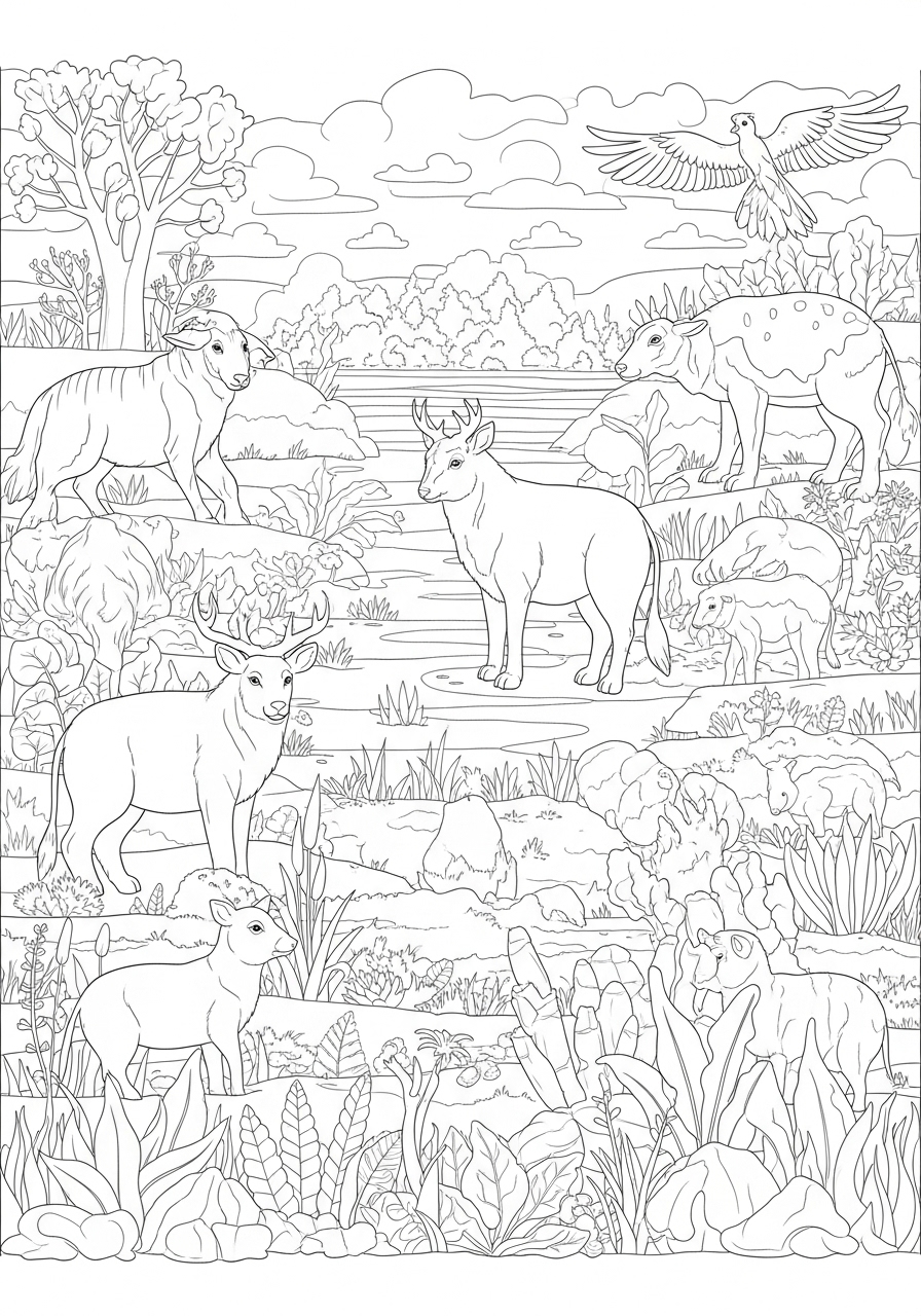 Desenho da Natureza com animais para colorir