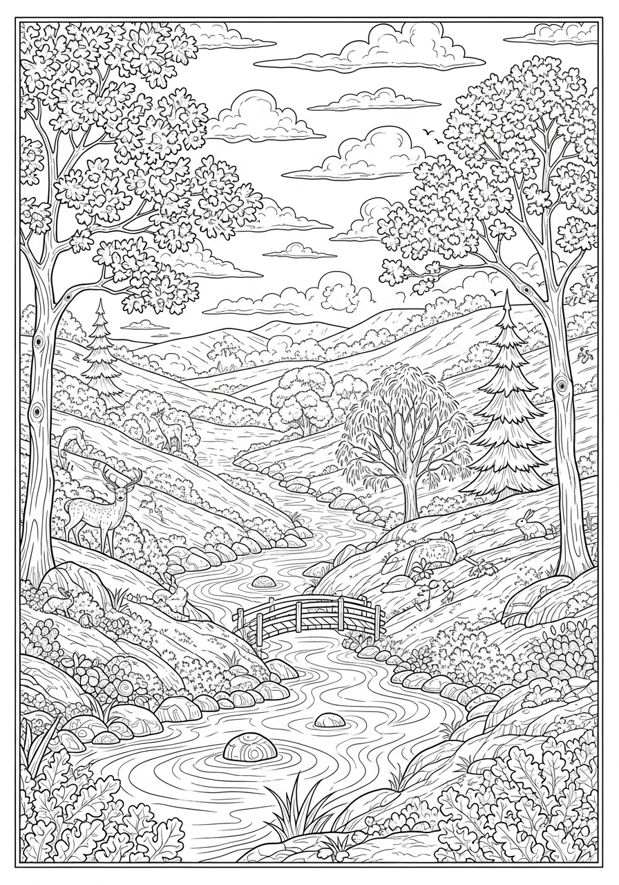 Desenho da Natureza com árvores e rio para colorir