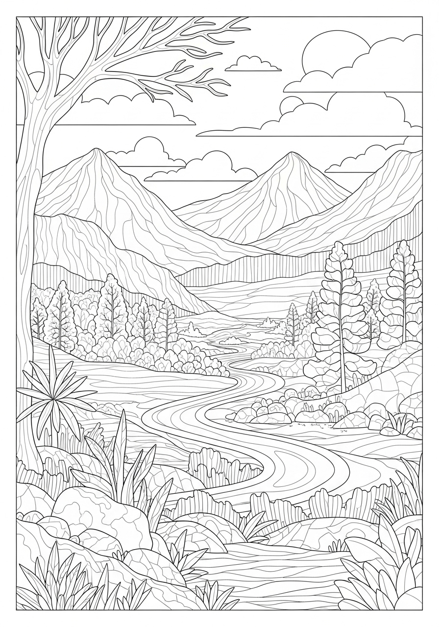 Desenho da natureza com montanhas e rio para colorir