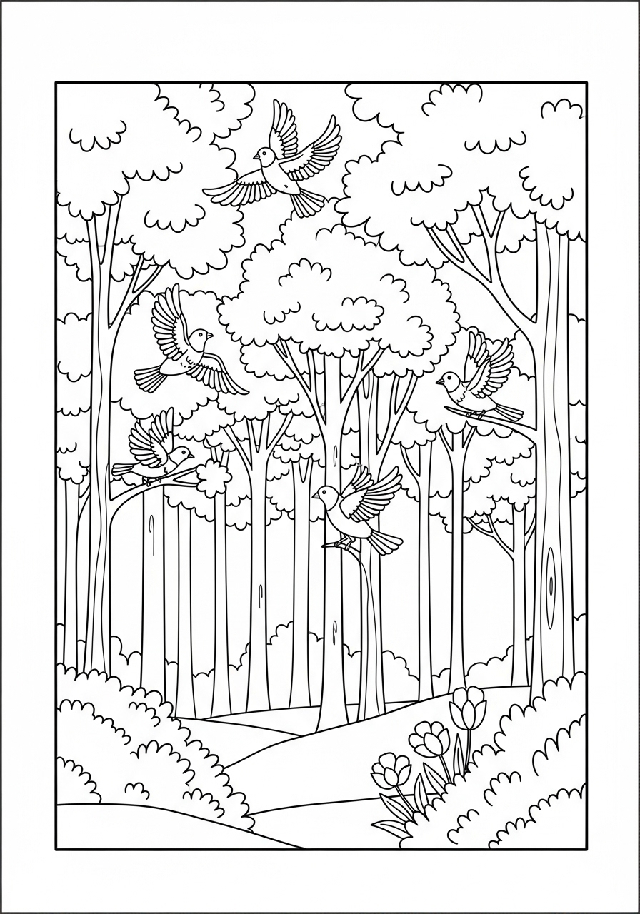 Desenho de pássaros voando entre árvores para colorir
