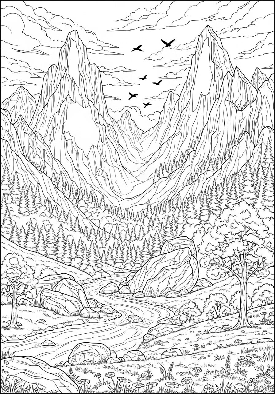 Desenho da natureza com montanhas e um rio para colorir