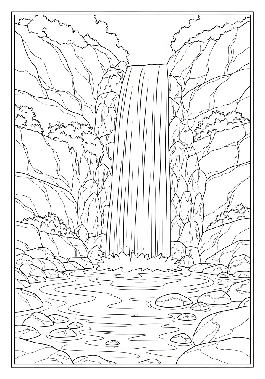 Desenho de Cachoeira com rochas e vegetação para colorir