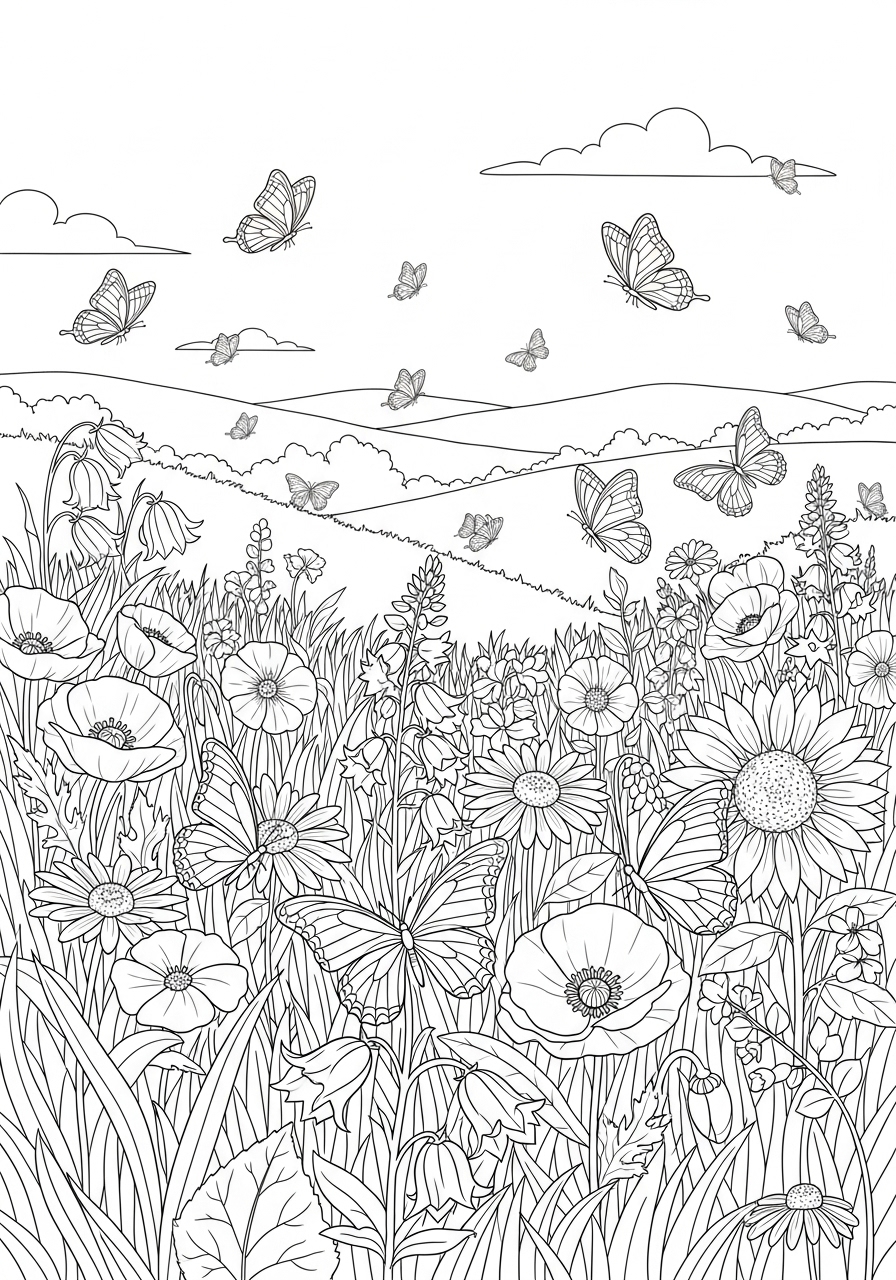 Desenho de flores e borboletas na natureza para colorir